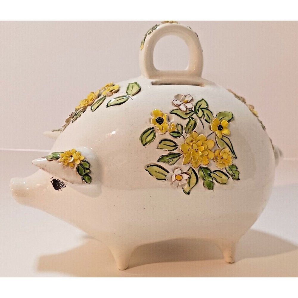 Antique Handmade Ceramic Piggy Bank Hand-painted with Raised Flowers